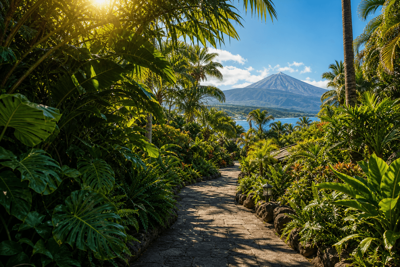Sunlit tropical walkway in Tenerife with Atlantic and mountain views