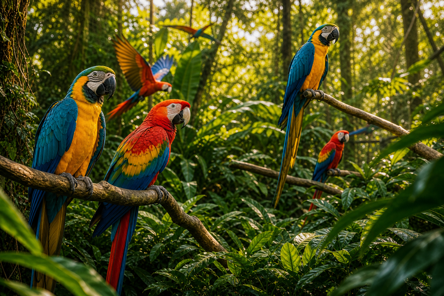 Parrots and aviaries at Loro Parque style habitat